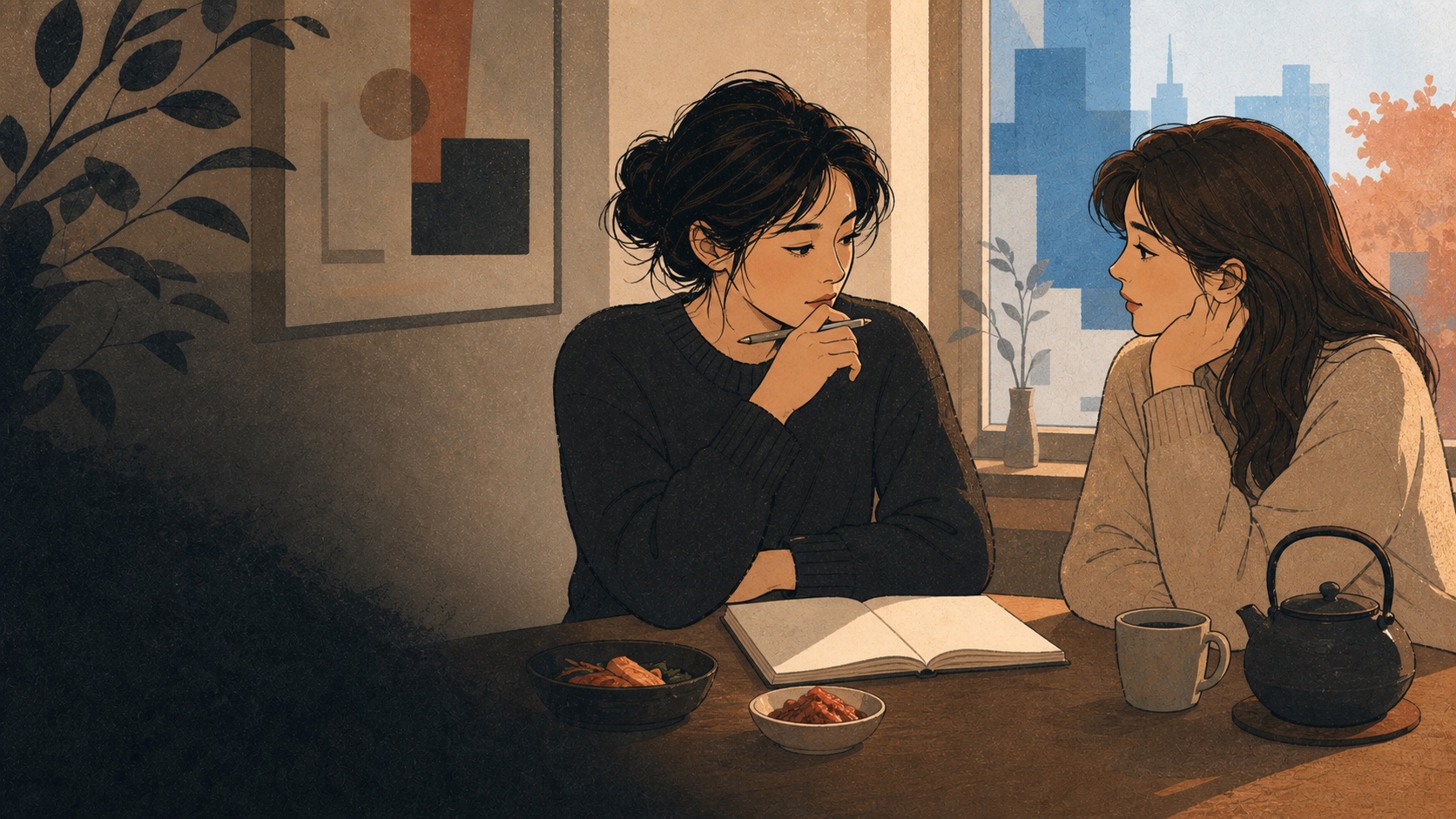 Two friends discussing Korean language over a blank notebook