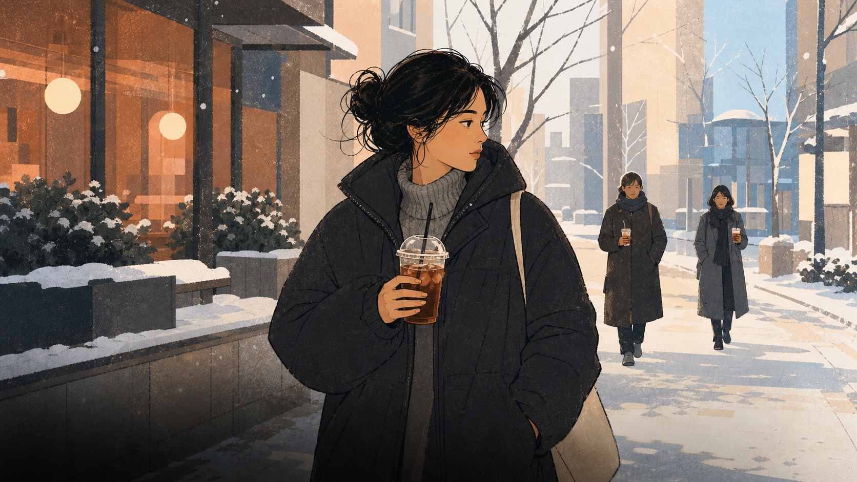 A person in a winter coat carrying an iced Americano on a snowy street